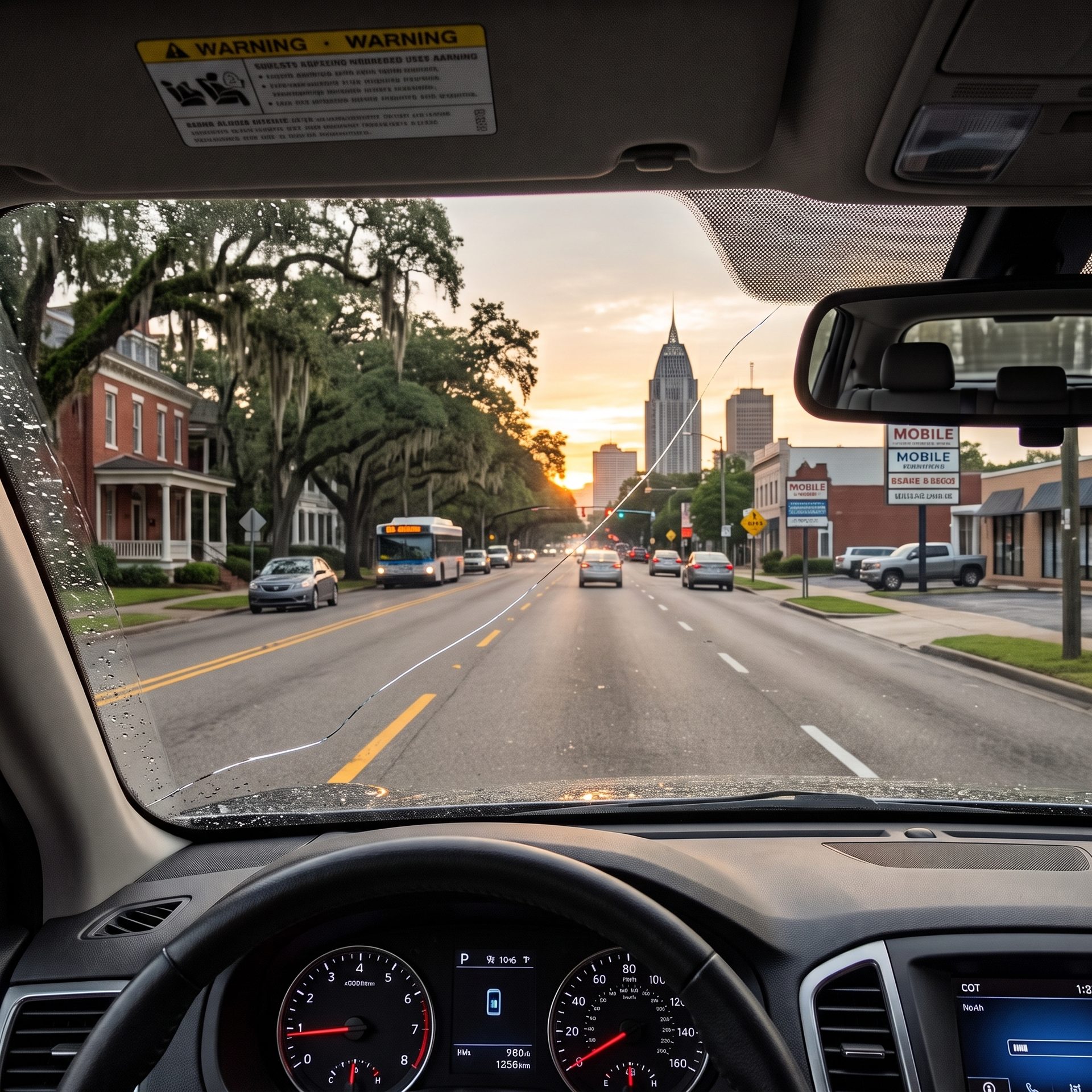 Cracked windshield obstructing line of sight in Mobile, AL